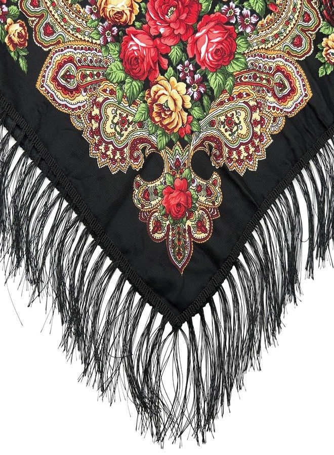 SmilerSmile Russian Style Muffler Warm Scarf with Tassel Women's Traditional Scarf Wrap Shawl Fringes Printing Cape (Black) - Image 5